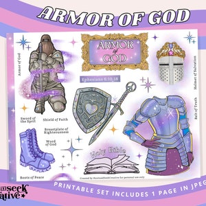 Armor of God printable graphic sticker set for Bible Journaling, faith scrapbook. Prayer journal, planner girlies, Christian scripture art