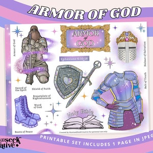 Armor of God printable graphic sticker set for Bible Journaling, faith scrapbook. Prayer journal, planner girlies, Christian scripture art