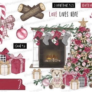 K&ouml;nnte beinhalten: Eine Aquarell-Illustration eines Kamins mit Str&uuml;mpfen, einem Weihnachtsbaum mit Ornamenten und Geschenken. Der Text "LOVE LIVES HERE" steht &uuml;ber dem Kamin. Der Text "2 CORINTHIANS 9:15" steht &uuml;ber dem Text "LOVE LIVES HERE". Der Text "ISAIAH 9:6" steht unter dem Kamin. Der Text "HEARTH OF LOVE" steht &uuml;ber dem Weihnachtsbaum.