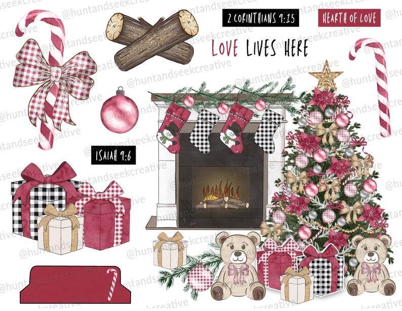 K&ouml;nnte beinhalten: Eine Aquarell-Illustration eines Kamins mit Str&uuml;mpfen, einem Weihnachtsbaum mit Ornamenten und Geschenken. Der Text "LOVE LIVES HERE" steht &uuml;ber dem Kamin. Der Text "2 CORINTHIANS 9:15" steht &uuml;ber dem Text "LOVE LIVES HERE". Der Text "ISAIAH 9:6" steht unter dem Kamin. Der Text "HEARTH OF LOVE" steht &uuml;ber dem Weihnachtsbaum.