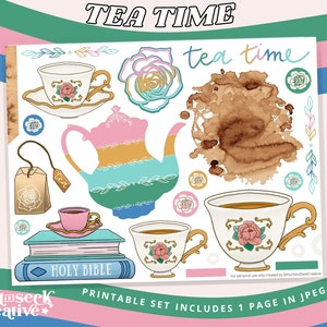 Hora del té, hoja de pegatinas imprimible para el diario bíblico, diario de oración, planificador de fe - imágenes prediseñadas de la taza de té, efímera pastel, medios mixtos
