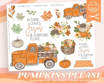 Autumn Leaves Jesus & Pumpkins Please, Fall, Autumn Printable Sticker Sheet for Bible Journaling - Faith Planner - Mixed Media