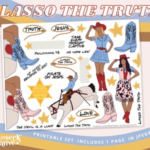 Könnte beinhalten: Druckbare Sticker-Tabelle mit Western-Thema, die eine Cowgirl, einen Cowboy, der ein Pferd reitet, und verschiedene inspirierende Zitate zeigt. Die Tabelle enthält die Wörter "Lasso the Truth", "Take Every Thought Captive", "Fixate on Jesus", "Citizen of Heaven", "The Devil is a Liar", "My Mind Belongs to God", "Philippians 4:8", "Lasso the Truth", "Love" und "No More Lies!"