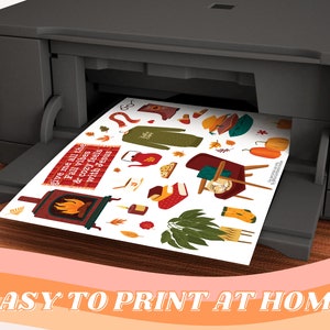 May include: A printable sheet of fall-themed illustrations and a quote that reads "give me all the fall vibes & cozy feels with Jesus".
