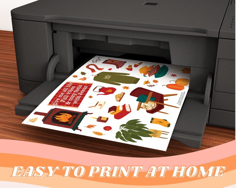 May include: A printable sheet of fall-themed illustrations and a quote that reads "give me all the fall vibes & cozy feels with Jesus".