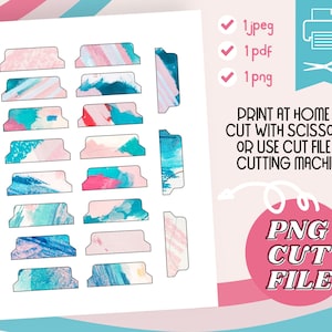 以下が含まれることがあります： ピンク、ブルー、ターコイズの抽象的な水彩画のデザインが施された、印刷可能なデジタルペーパー製ディバイダータブ。タブは、ノート、プランナー、バインダーの整理に使用するために切り抜くように設計されています。「自宅で印刷してハサミでカットするか、カットファイルとカットマシンを使用してください」と「PNGカットファイル」というテキストが画像に含まれています。