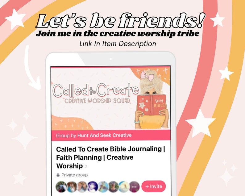 May include: A pink and white graphic with the text "Let's be friends! Join me in the creative worship tribe" and a screenshot of a Facebook group called "Called to Create" with the text "CREATIVE WORSHIP SQUAD" and a cartoon image of a woman holding a book with the text "Holy Bible".