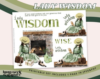 Lady Wisdom, Printable Stickers for Bible Journaling, Faith Planner Graphics, Christian Bible Clipart, Cozy Fall Fireplace Illustration