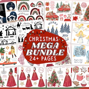 May include: A digital printable pack of Christmas themed images. The images include a variety of Christmas symbols, such as angels, trees, stars, and a nativity scene. The images are in a variety of colours, including red, green, blue, and white. The text "Christmas Mega Bundle 24+ Pages" is displayed in the centre of the image.