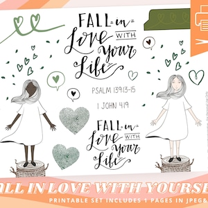 Fall in Love With Yourself, Fall & Autumn Leaves, Self-Love Clipart, Printable Sticker Sheet for Bible Journaling - Faith Planner