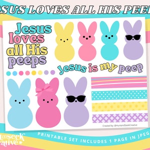 Jesús ama a todos sus píos, hoja de pegatinas imprimible de Pascua -Diario bíblico, Diario cristiano, Planificador de fe, Peep de primavera, Arte de las Escrituras