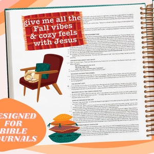 May include: A Bible journal with a green cover and gold spiral binding. The page is open to a section on the instruction of the temple. A sticker with a plaid background reads "give me all the Fall vibes & cozy feels with Jesus". The image also includes a cartoon illustration of a chair with a cat sleeping on a pillow.
