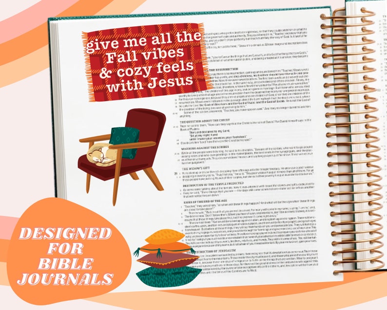 May include: A Bible journal with a green cover and gold spiral binding. The page is open to a section on the instruction of the temple. A sticker with a plaid background reads "give me all the Fall vibes & cozy feels with Jesus". The image also includes a cartoon illustration of a chair with a cat sleeping on a pillow.