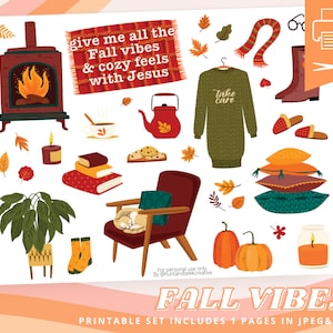 Fall Vibes, Cozy Autumn Clipart, Hygge, Sweet Home, Take Care, Printable Sticker Sheet for Bible Journaling - Faith Planner - Mixed Media