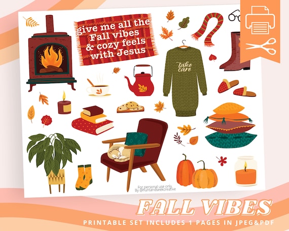 Fall Vibes, Cozy Autumn Clipart, Hygge, Sweet Home, Take Care, Printable Sticker Sheet for Bible Journaling - Faith Planner - Mixed Media