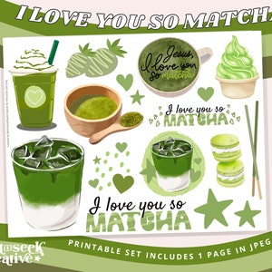 Ich liebe dich so Matcha, druckbare Aufkleberbogen - Bibel Journaling, Glaubensplanung, kreative Anbetung, Mixed Media, Gebetstagebuch, christlich