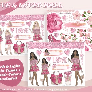Puede incluir: Conjunto de muñecas de papel digital imprimibles con dos muñecas, una con piel oscura y otra con piel clara. Cada muñeca tiene tres colores de cabello diferentes. Las muñecas llevan vestidos rosas y sostienen corazones rosas. El conjunto también incluye accesorios como un bolso de mano, una taza de café y un globo. El texto "LOVE & LOVED DOLL" está en la parte superior de la página. El texto "Dark & Light Skin Tones + 3 Hair Colors Included" está en la parte media de la página. El texto "PRINTABLE SET INCLUDES 5 PAGES IN JPEG&PDF" está en la parte inferior de la página.