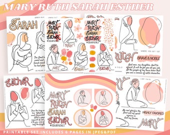 Mary, Ruth, Sarah, Ester, Printable Stickers for Bible Journaling, Women of the Bible Clipart, Christian Bible Supplies, Faith Planner