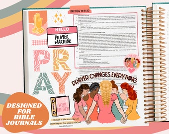 May include: A colorful illustration of a group of women praying together with the words "Prayer Changes Everything" in a pink and green banner. The image also includes a quote about prayer by Oswald Chambers and a sticker that says "Hello My Name Is Prayer Warrior".