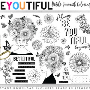 Beautiful Flower Crown Woman Clipart, Printable Sticker Sheet for Bible Journaling, Christian Coloring Page, Faith Planner, Devotional