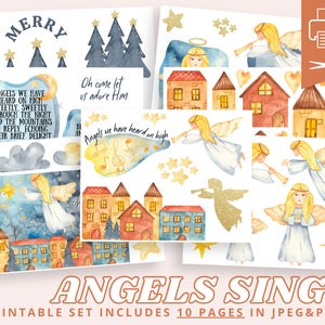 Joy to the world, Angels Sing Christmas Card, Printable Sticker Set for Bible Journaling, Prayer Journal, Travelers Notebook, Faith Planner