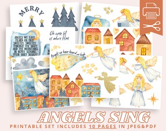 Joy to the world, Angels Sing Christmas Card, Printable Sticker Set for Bible Journaling, Prayer Journal, Travelers Notebook, Faith Planner