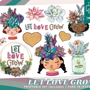 Let Love Grow Printable Sticker Kit for Bible Journaling, Faith Planner, Bible Margin Art, Mixed Media | Succulent Plant Lady Clipart