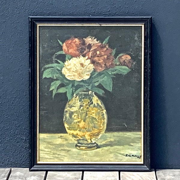Large Mid-Century French Certified Reproduction of Edouard Manet's Bouquet de Pivoines, Framed Still-Life Copy of Pink and White Peonies