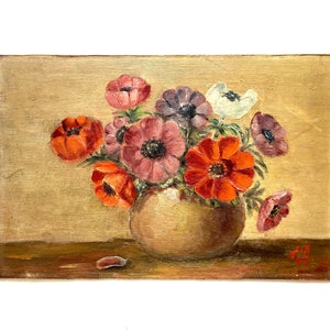 Pintura a óleo original francesa vintage dos anos 1960 em cartão assinado pelo artista, natureza morta floral sem moldura de anêmonas coloridas datada de 1963