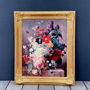 XL Vintage French Framed Reproduction of Moise Jacobber's Still Life Flower Painting Roses, Dahlias and Lilies by Les Editions Braun