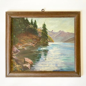 Vintage French Original Oil Painting on Hardboard Signed by Artist, Framed Mountain Scenery Dated 1947, Mountain Lake View