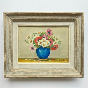 Vintage French Original Oil Painting on Hardboard Signed by Artist, Framed Flower Still Life