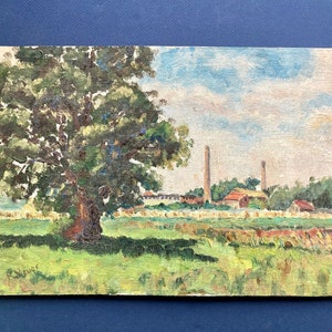 Vintage French Original Oil Painting on Woodboard Signed by Artist, Country Landscape, Village Scenery