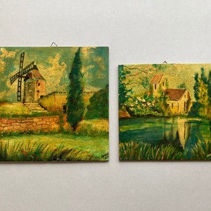 Set of Two Vintage French Original Paintings Signed by Artist on Hardboard, Vintage Landscape Scenery