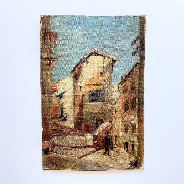 Antique Vintage French Original Oil Painting on Canvas Board Signed by Artist, Unframed Street View