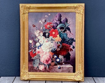 XL Vintage French Framed Reproduction of Moise Jacobber's Still Life Flower Painting Roses, Dahlias and Lilies by Les Editions Braun