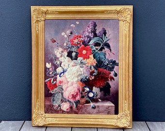 XL Vintage French Framed Reproduction of Moise Jacobber's Still Life Flower Painting Roses, Dahlias and Lilies by Les Editions Braun