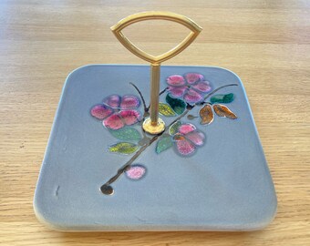 Vintage 1960s Ceramic Cheese Plate with Handle, Decorative Cheese Platter With Colorful Flowers