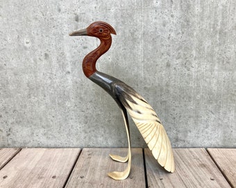 Mid-Century Hand Carved Heron in Horn and Wood, Vintage Handcrafted Sculpture of Heron in Authentic Horn