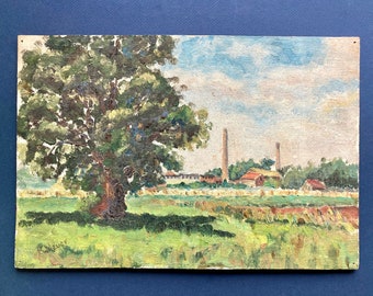 Pintura al óleo original francesa antigua sobre tabla de madera, firmada por el artista. Paisaje campestre, escena de pueblo.