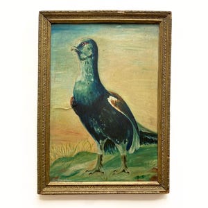 Pintura al óleo original francesa vintage firmada por el artista, retrato de pájaro colorido enmarcado, rapaz vintage, ave de rapiña, arte animal ecléctico