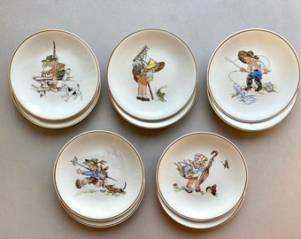 Set of 10 Antique French Small Plates by KG Luneville, 5 Different Childrens' Motif Desert Plates