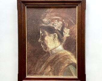 Pintura al óleo francesa antigua: Retrato de mujer de la década de 1920 firmado y enmarcado en un marco de estilo Arts & Craft.