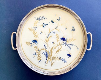 Vintage 1940s French Two-Sided Metal and Glass Tray, Round Decorative Cocktail Tray with Flower Motif in Gold and Blue