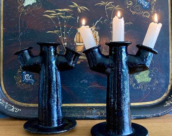 Vintage Artisan Candelabras in Ceramic: Pair of Three-Arm Black Glazed Candlestick Holders