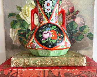 Vintage Czech Porcelain Chodsko Vase: Folk Art Bohemian Vase with Hand-Painted Floral Decor