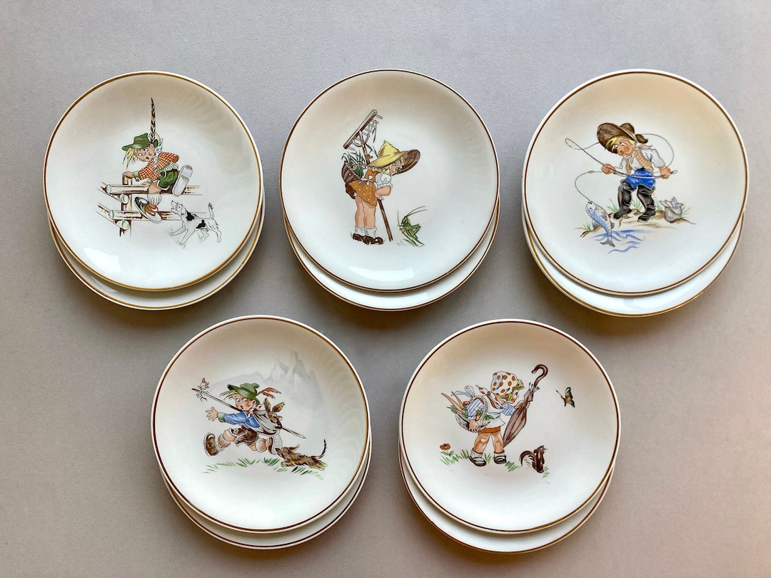 Set of 10 Antique French Small Plates by KG Luneville, 5 Different