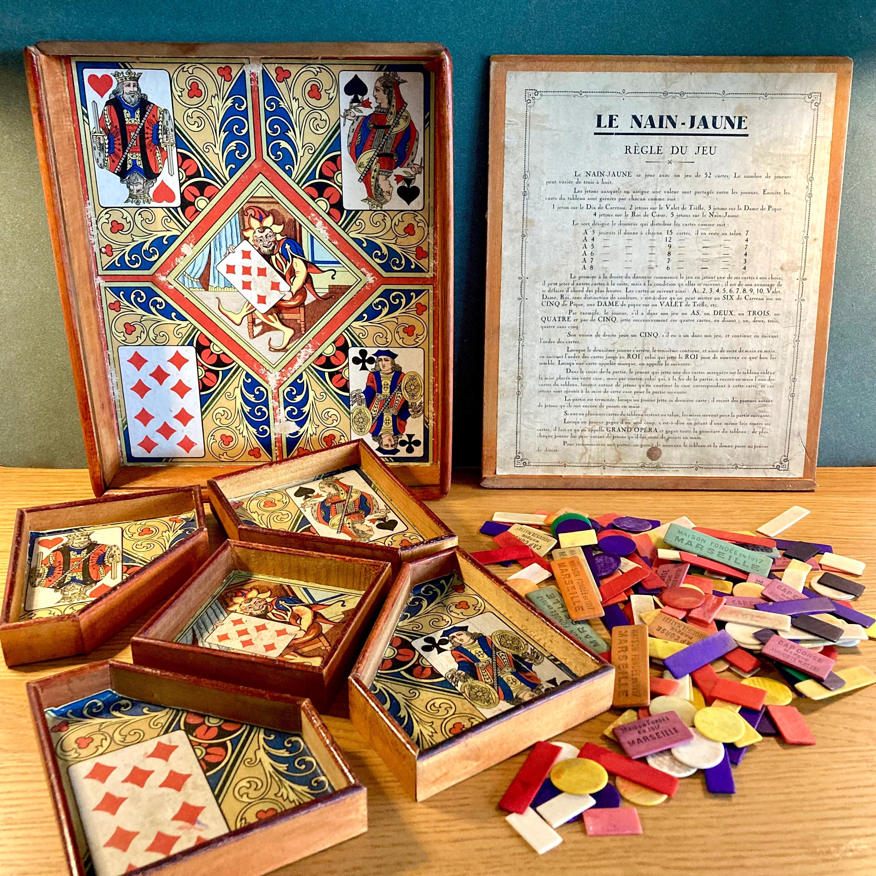 Antique French Board Game: Naine Jaune Bistro Game in Wood Box