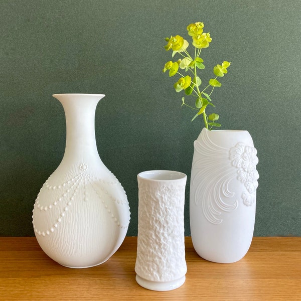 Set of 3 Vintage German White Bisque Porcelain Vases by A.K. Kaiser and Royal Porzellan Bavaria KPM, Decorative Vases with Relief Design