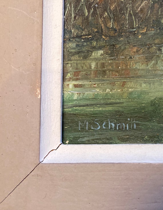 油絵。「フランス、アルザス」高級額入り。 ヴィンテージ アルザス風景油絵、サイン入り フランス美術、1947年 額